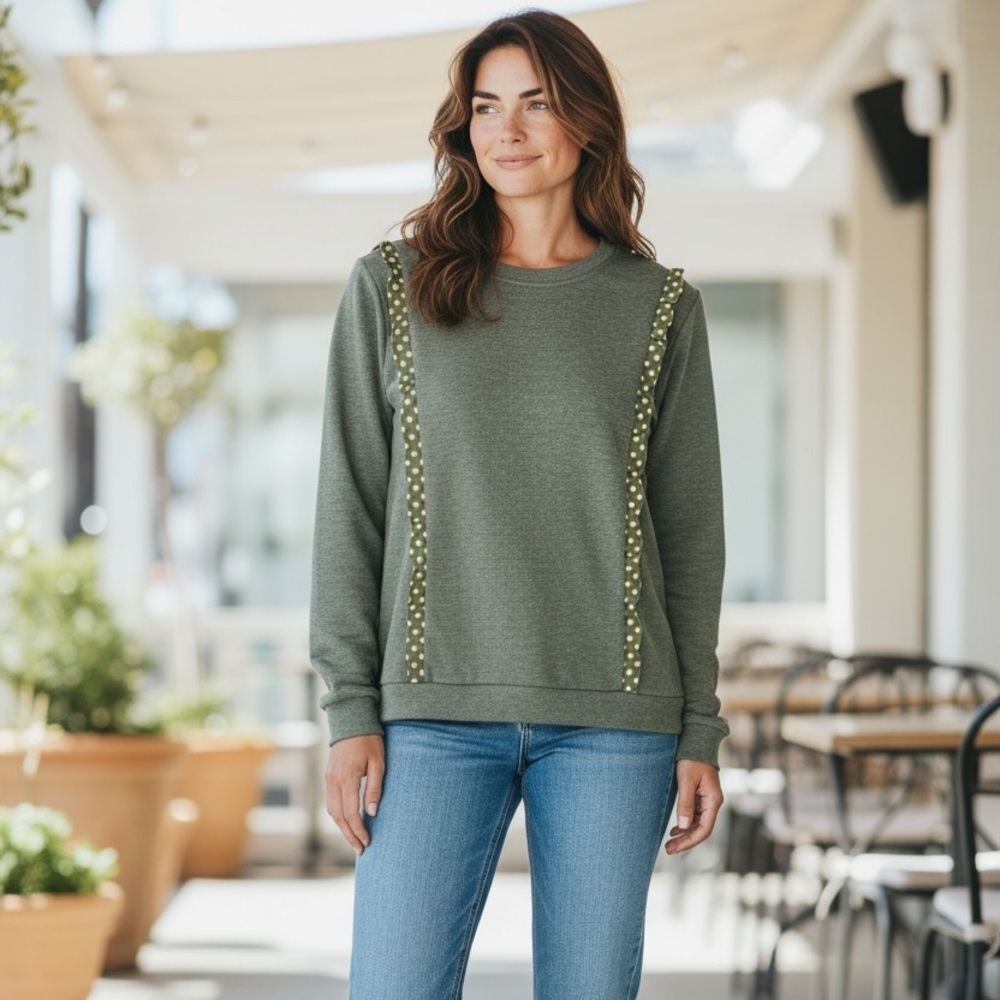 Olive Crewneck Sweater with Contrast Ribbon Detail